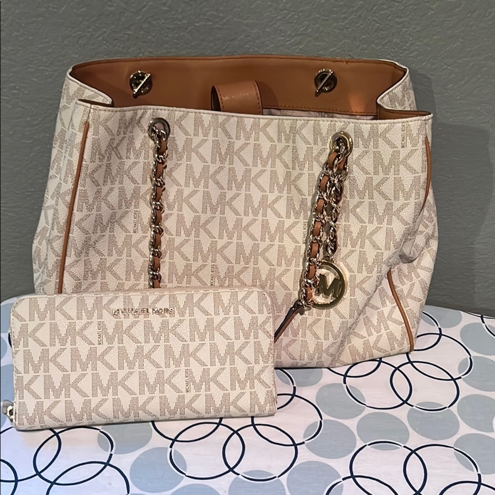 Michael Kors Cream and Tan Signature Tote Bag